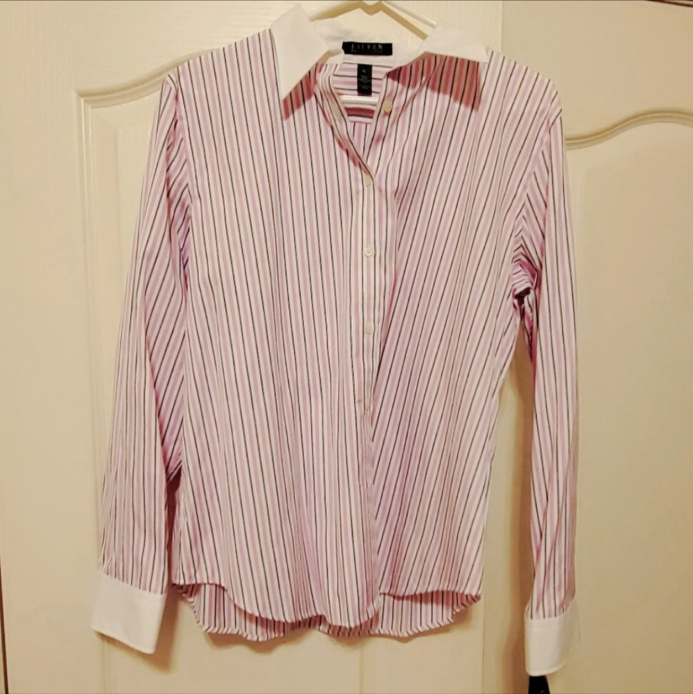 Lauren Ralph Lauren Petite Women's Small S Pink Stripe White Collar Career EUC
